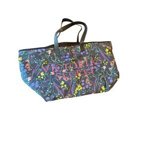Victorias Secret Black Floral Canvas Tote Bag With Black Straps Zip top